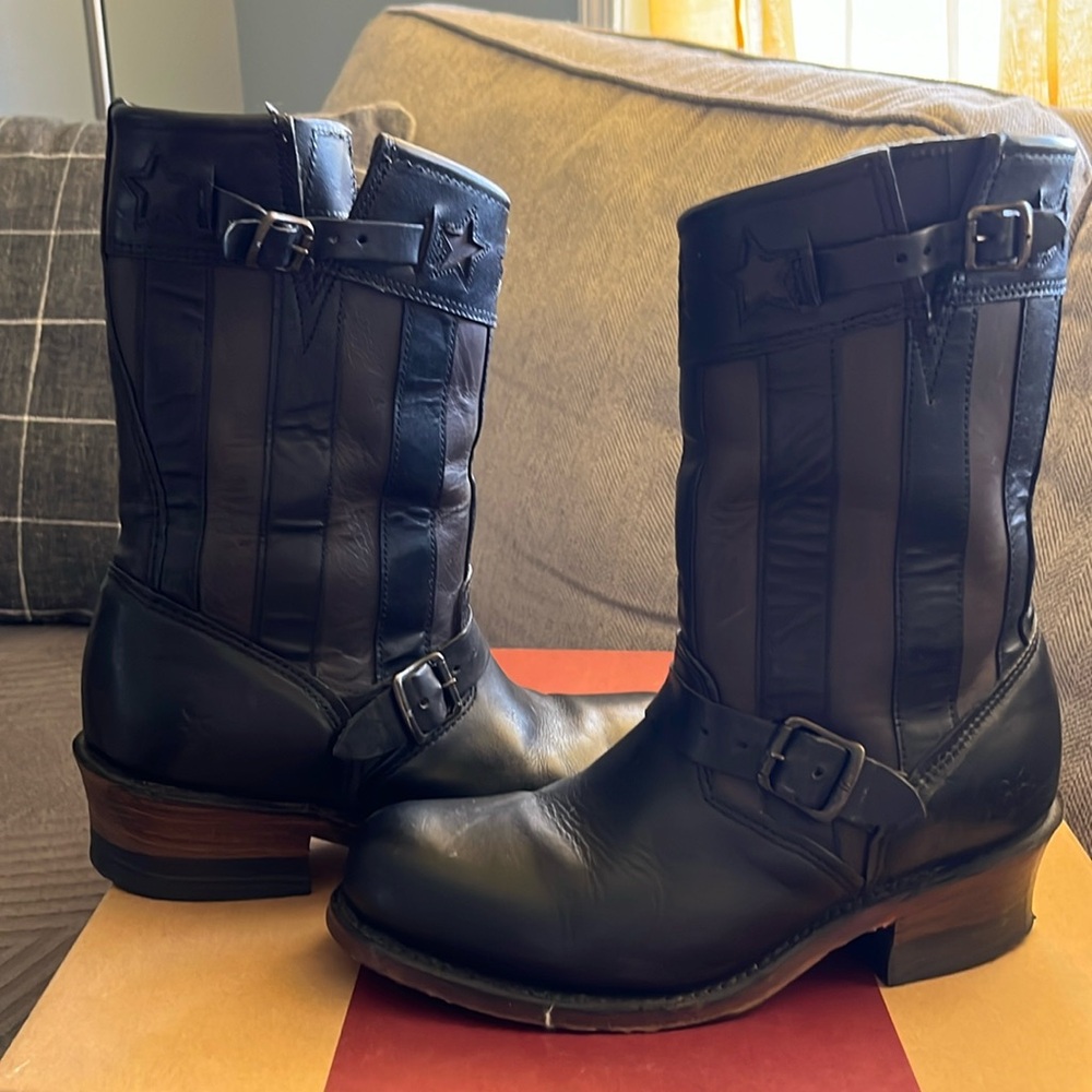 Frye Black and Brown Engineer Americana Short 150th Anniversary Boot